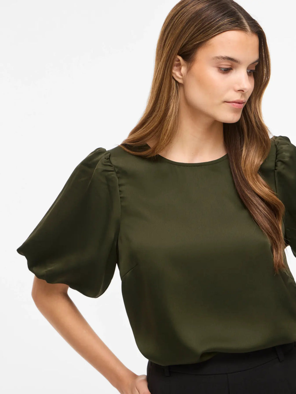 VIELLETTE 2/4 SATIN PUFF TOP FOREST NIGHT
