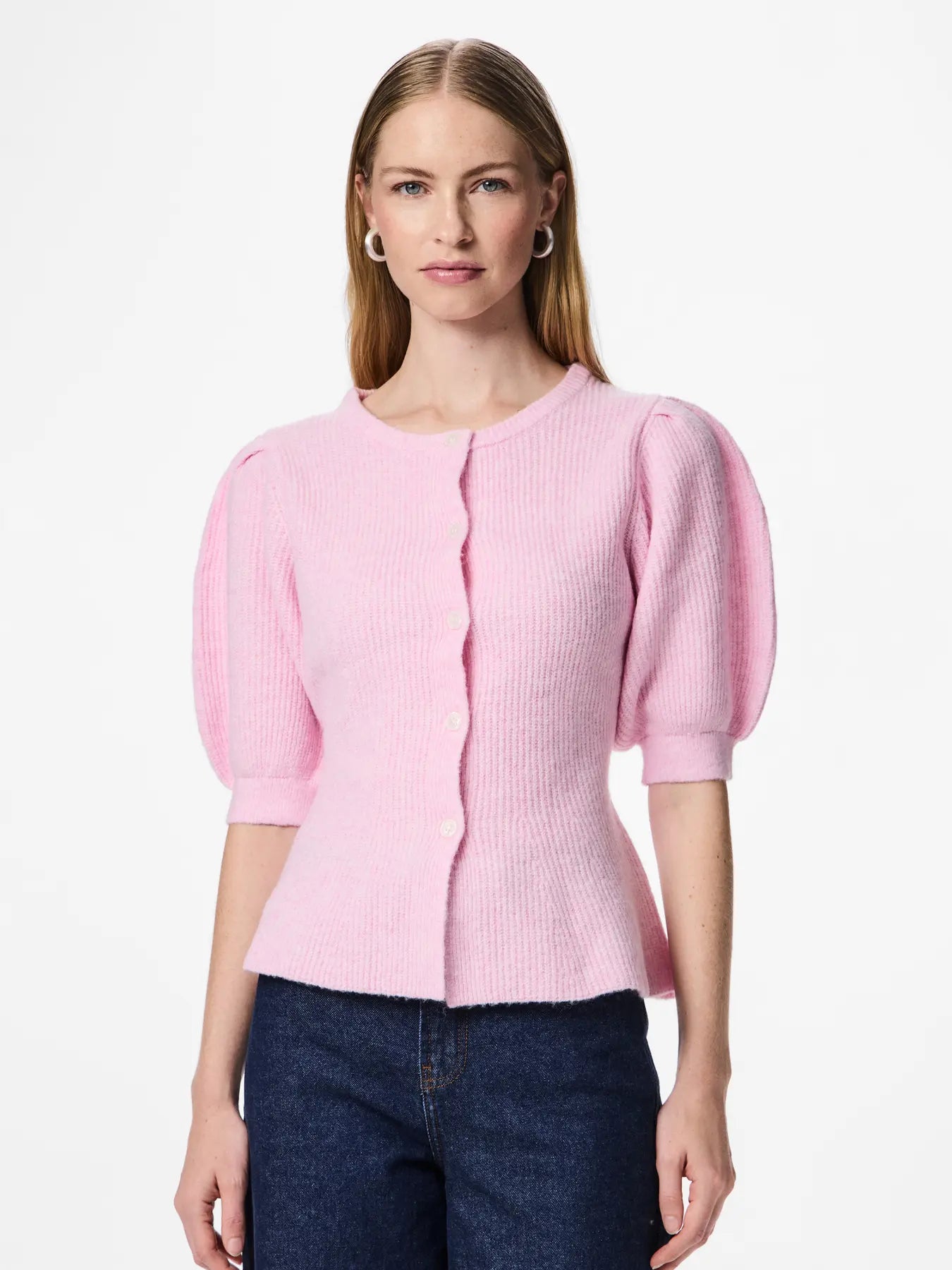 PCSILLY SS PUFF KNIT CARDIGAN PINK